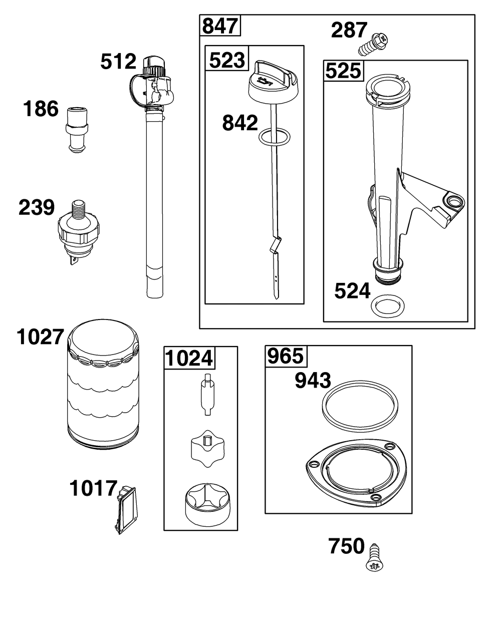 Lubrication Group Diagram and Parts List for 44U677-0009-B5 400000 - 699999 Briggs and Stratton Engine